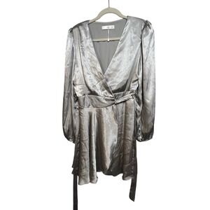 MNG Mango Silver Metallic Wrap Mini Dress Long Sleeve V-Neck Size 4 Party Glam